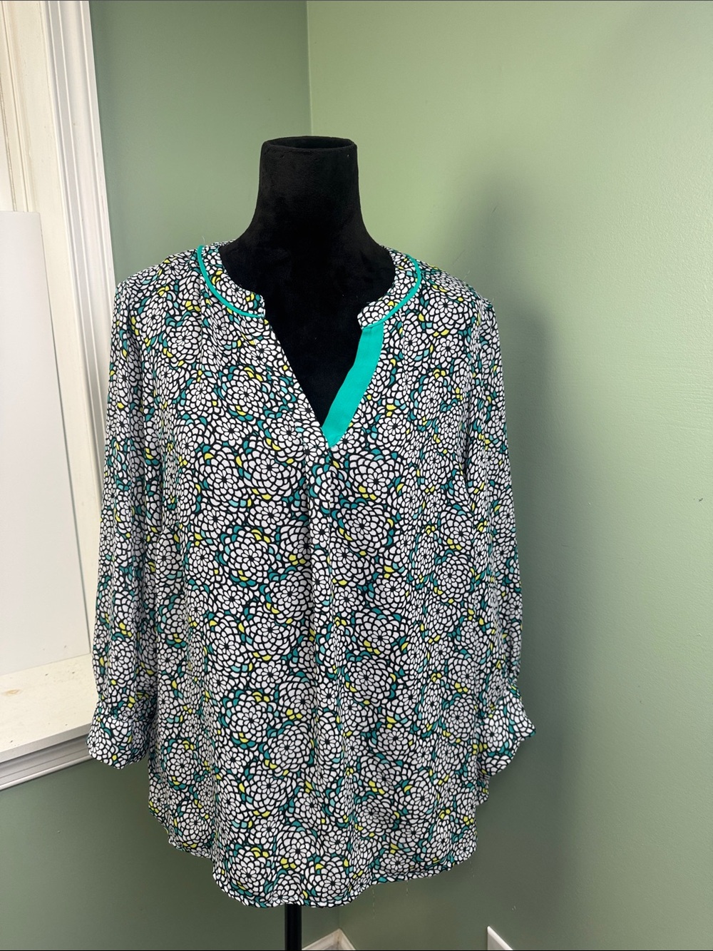 Worthington Teal Floral-Print V-Neck Tunic 1X